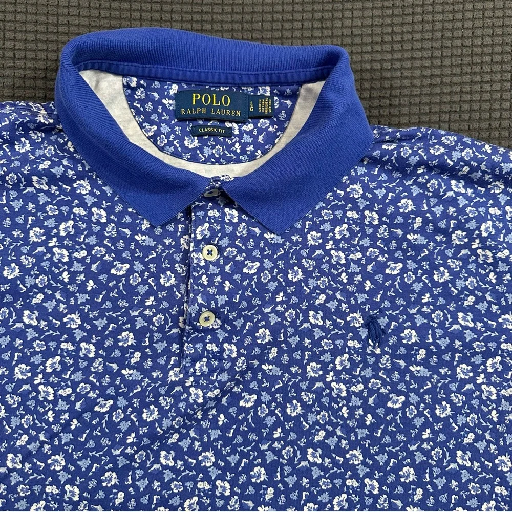 Polo Ralph Lauren Blue Floral Polo Shirt Classic Fit Mens Size Large